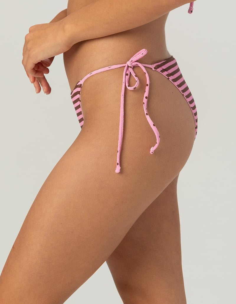 DAMSEL Polka Dot/Stripe Reversible Texture Tie Side Cheeky Bikini Bottoms image number 2