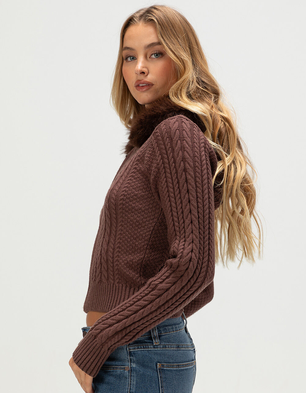 WEST OF MELROSE Fur Trim Womens Zip-Up Hooded Sweater - BROWN | Tillys