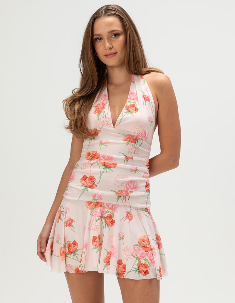 FULL TILT Womens Floral Mesh Halter Dress image number 0