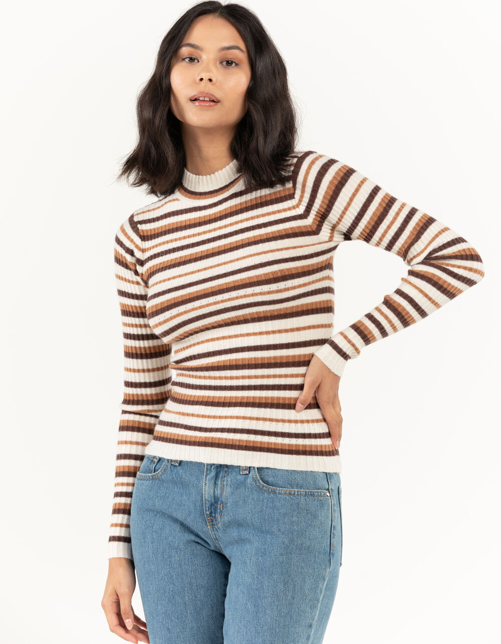 RSQ Womens Rib Stripe Mock Neck Pullover Sweater - BROWN COMBO