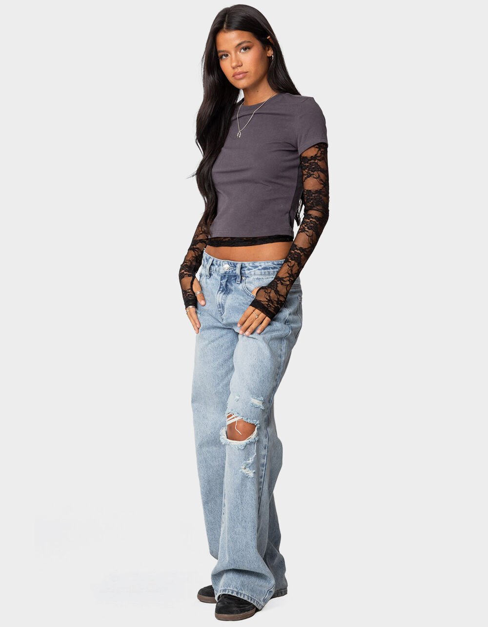 EDIKTED Layered Lace Sleeve Tee - GRAY | Tillys