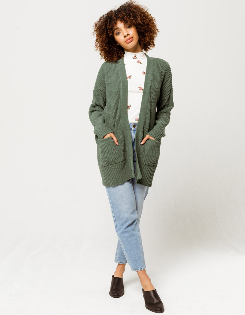 GOOD LUCK GEM Chenille Ribbed Green Womens Cardigan image number 3