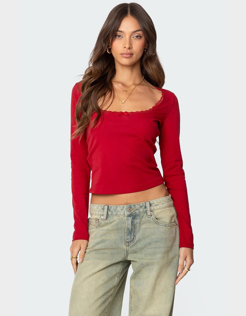 EDIKTED Mora Lace Trim Ribbed Tee image number 0