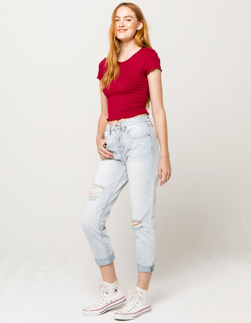 BOZZOLO Ribbed Lettuce Edge Cranberry Womens Crop Tee image number 3