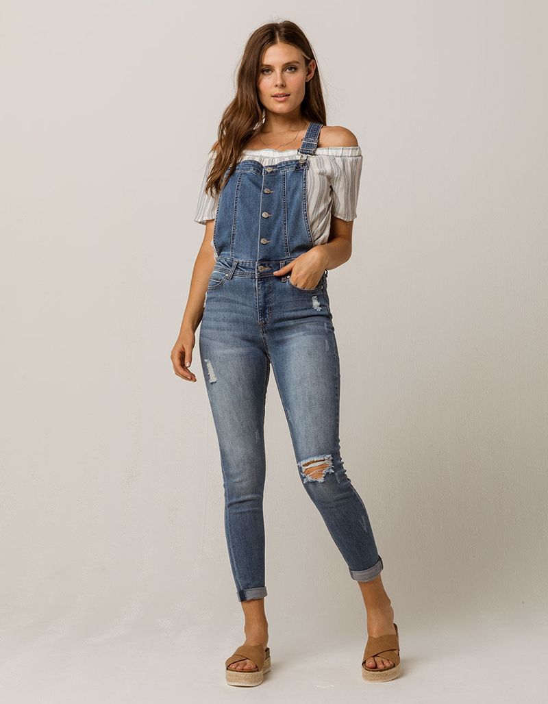 SKY AND SPARROW Skinny Button Front Womens Ripped Overalls image number 0