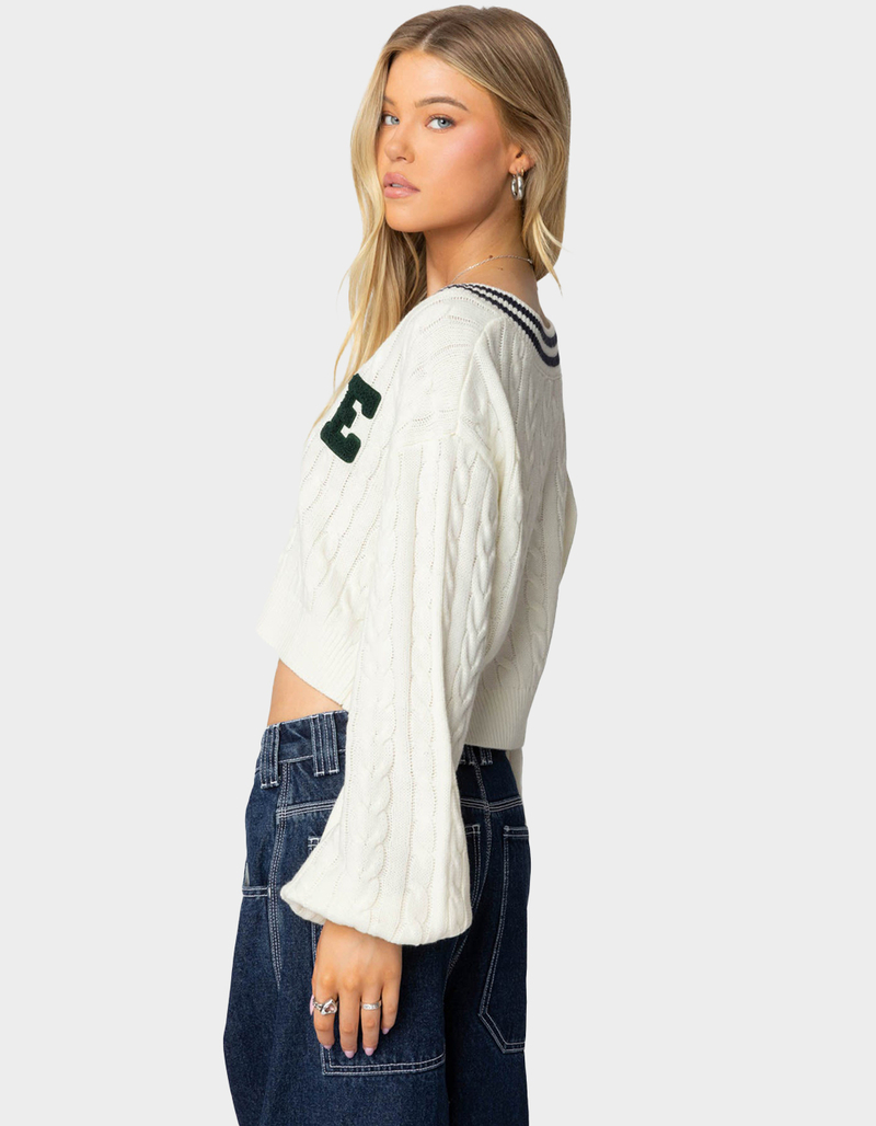 EDIKTED Collegiate Cropped Cable Knit Sweater image number 4