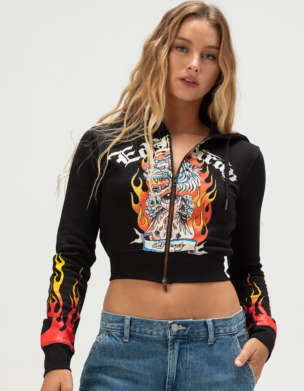 ED HARDY Tiger Flame Womens Crop Zip-Up Hoodie - BLACK | Tillys