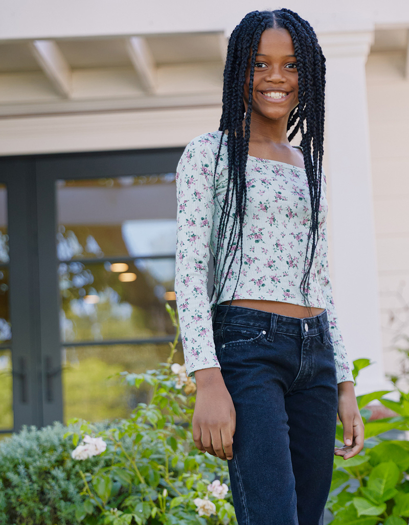 FULL TILT Textured Floral Square Neck Girls Long Sleeve Top image number 2