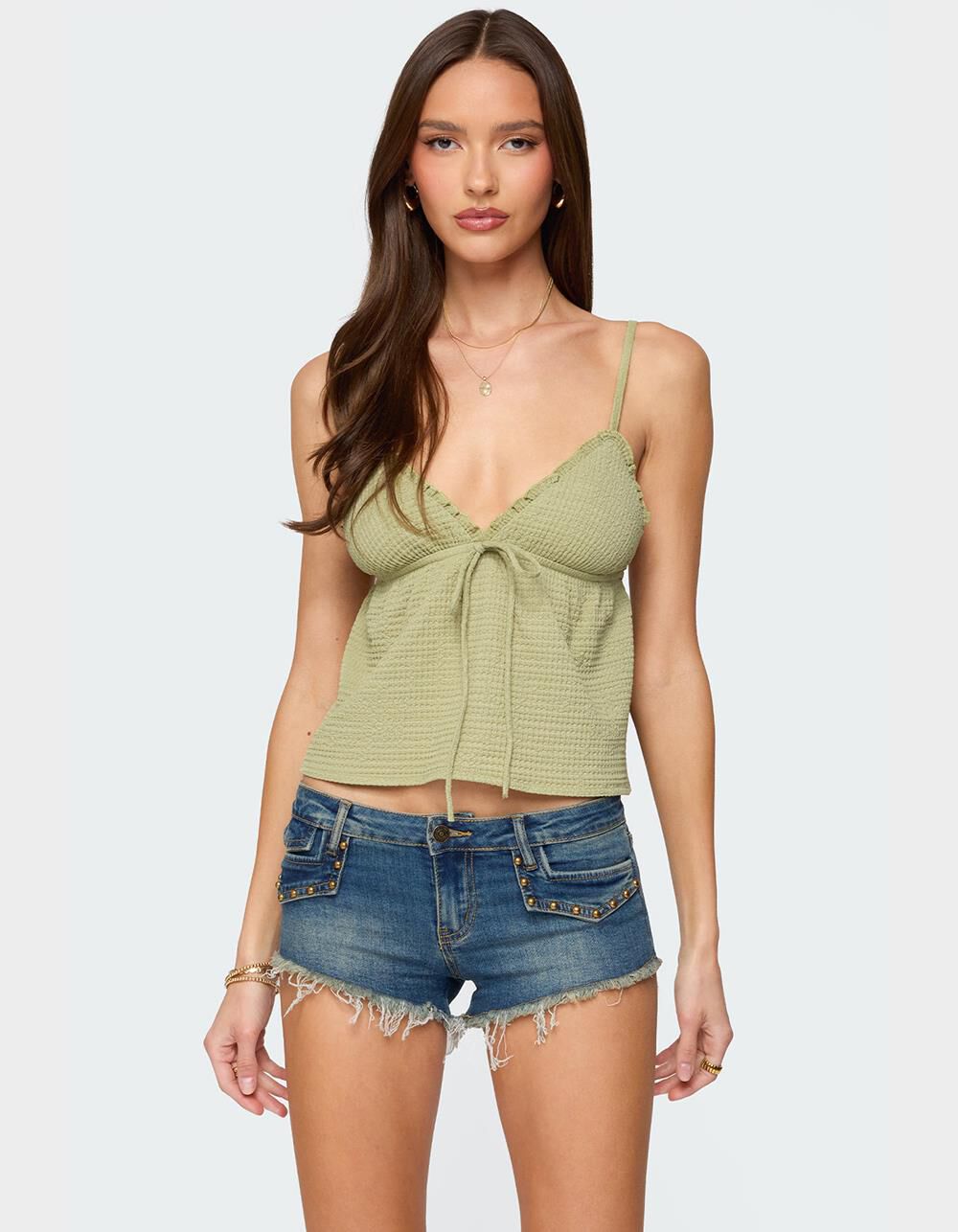 EDIKTED Brianne Textured Babydoll Tank Top - DK GREEN | Tillys