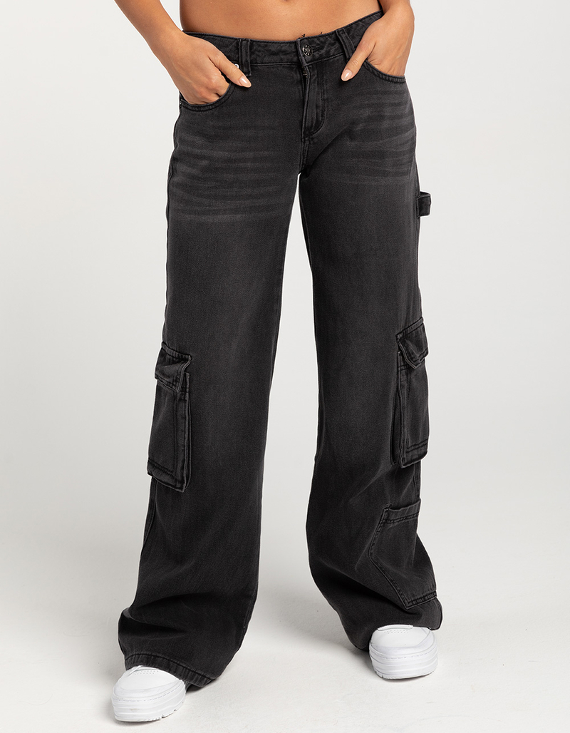 GEMMA RAE Low Rise Wide Leg Womens Cargo Pants BLACK DENIM Tillys