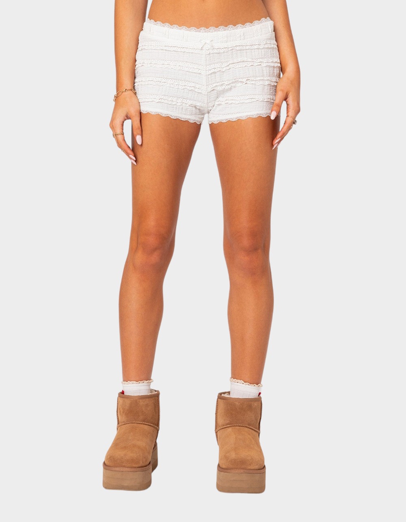 EDIKTED Lucy Ruffled Lace Shorts image number 0