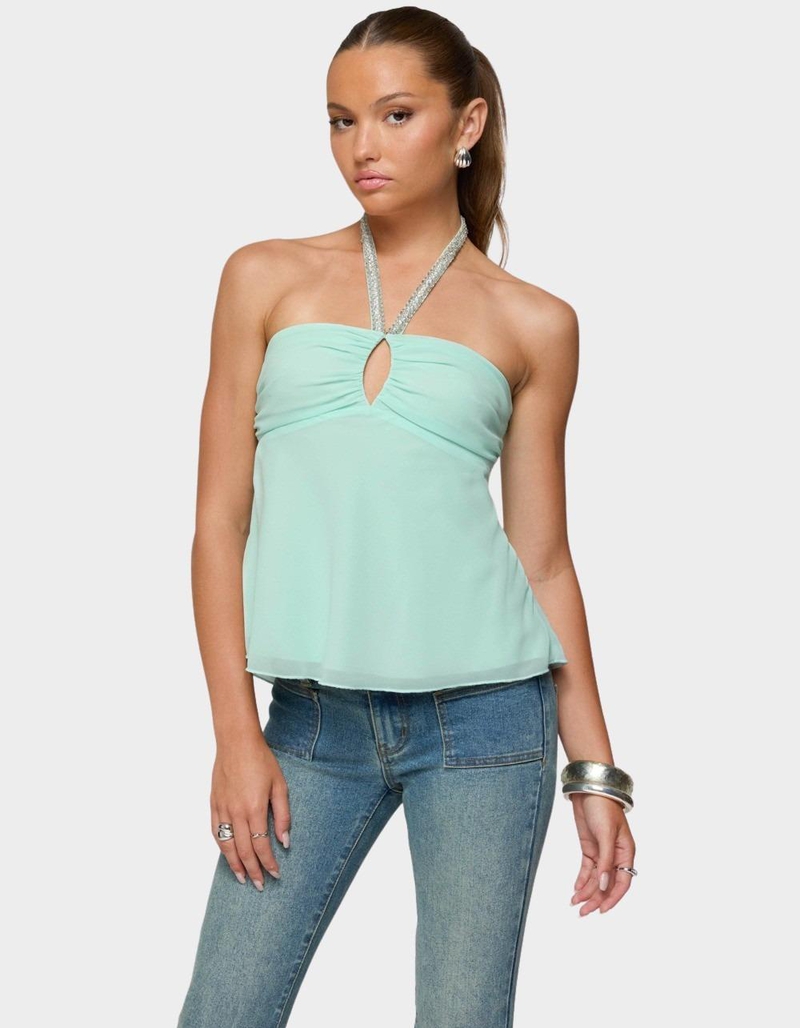 EDIKTED Sequin Chiffon Keyhole Halter Top image number 0