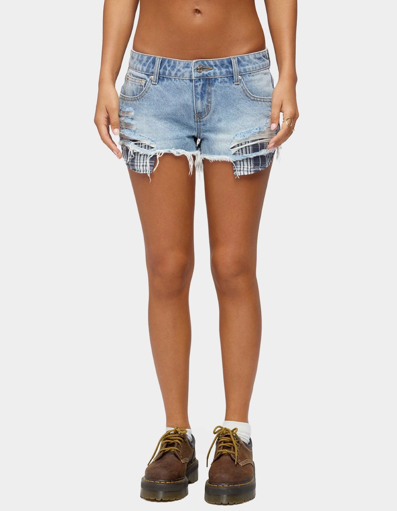 EDIKTED Catrine Plaid Pocket Denim Shorts image number 0