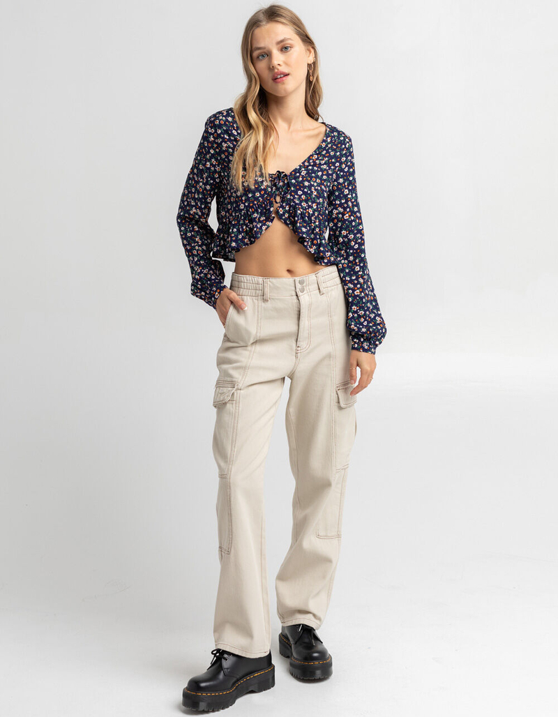 FULL TILT Tie Front Ruffle Womens Babydoll Top image number 3