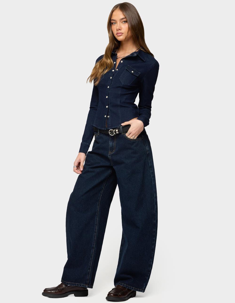 EDIKTED Shylo Stretchy Denim Button Up Shirt image number 3