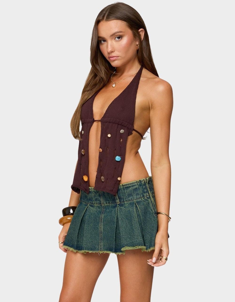 EDIKTED Beaded Distressed Knit Split Front Top image number 1