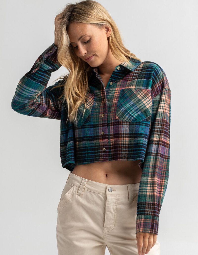 RSQ Womens Jewel Tone Plaid Crop Flannel image number 0