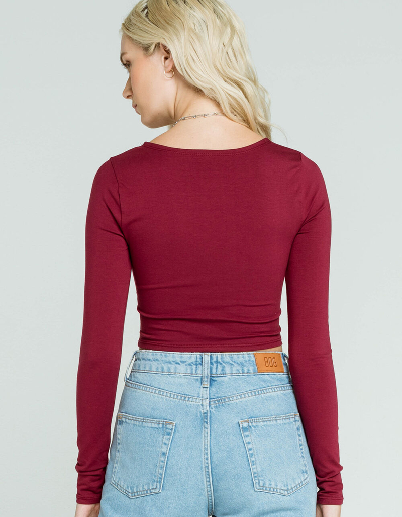 SKY AND SPARROW Solid Surplice Womens Burgundy Crop Top image number 2