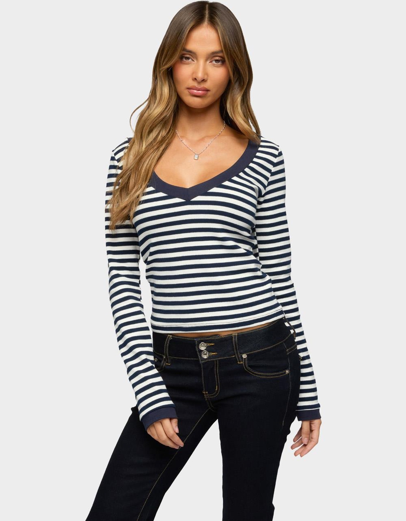 EDIKTED Kimi Striped Long Sleeve V-Neck Top image number 0