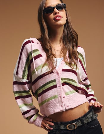 FULL TILT Womens Stripe Button Up Hooded Sweater Primary Image