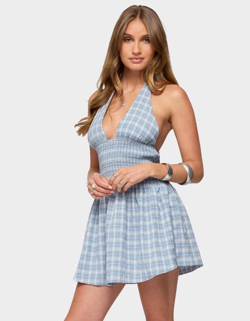 EDIKTED Plaid Smocked Halter Mini Dress image number 1