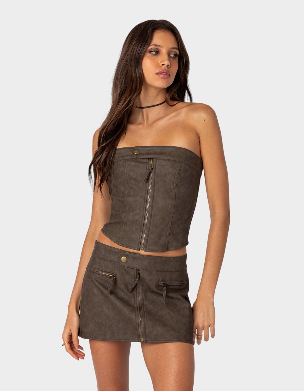 EDIKTED Ziva Faux Leather Lace Up Womens Corset Top - BROWN