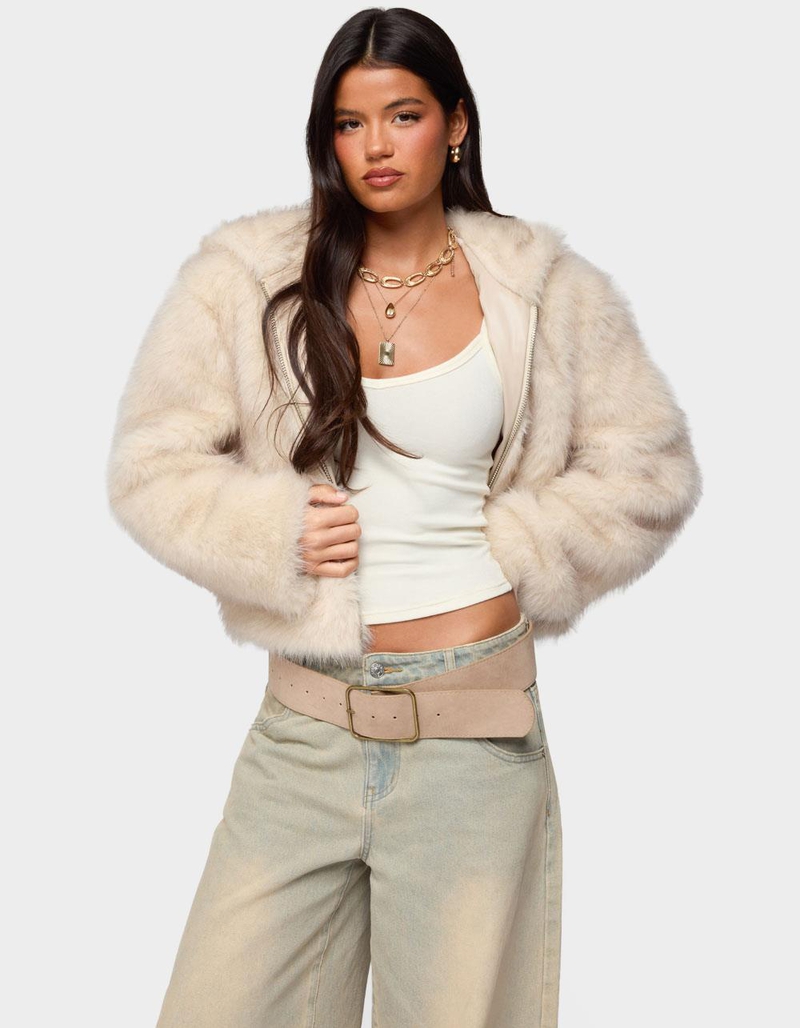 EDIKTED Beyonca Hooded Faux Fur Jacket image number 0