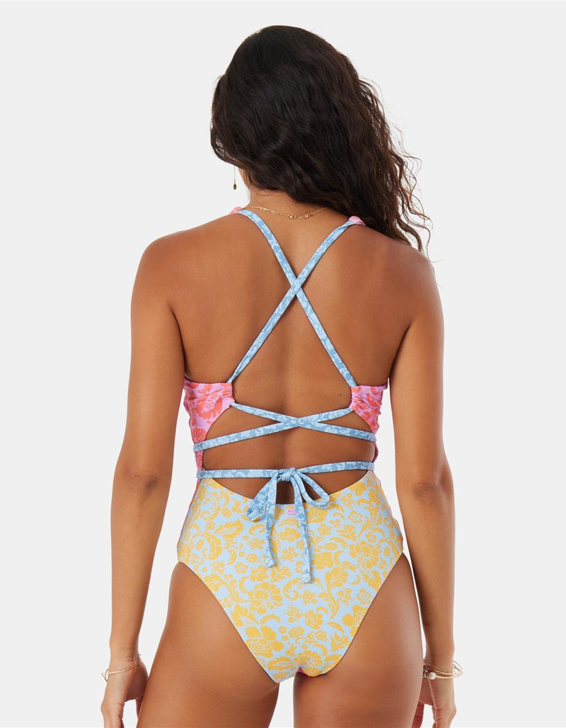 ROXY Tapestry Patchwork Wrap Tie Plunge One Piece Swimsuit image number 3