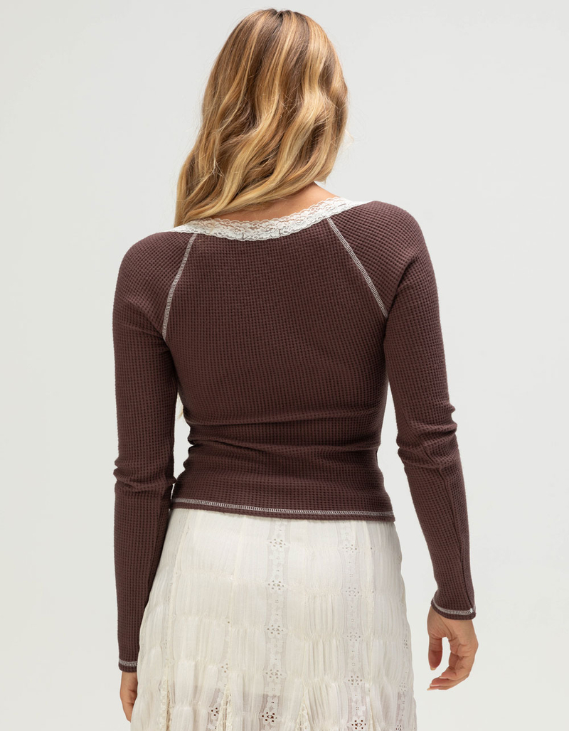 RSQ Womens Lace Trim Long Sleeve Henley Top image number 3