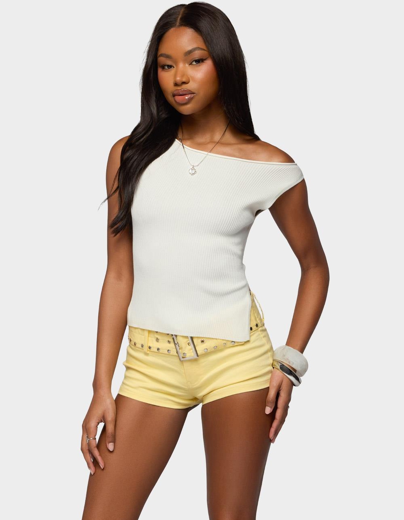 EDIKTED Myrah Asymmetric Off Shoulder Ribbed Knit Top image number 0