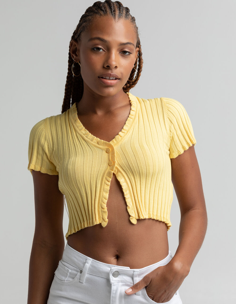 LOVE TREE Womens Ruffle Trim Crop Cardigan image number 0