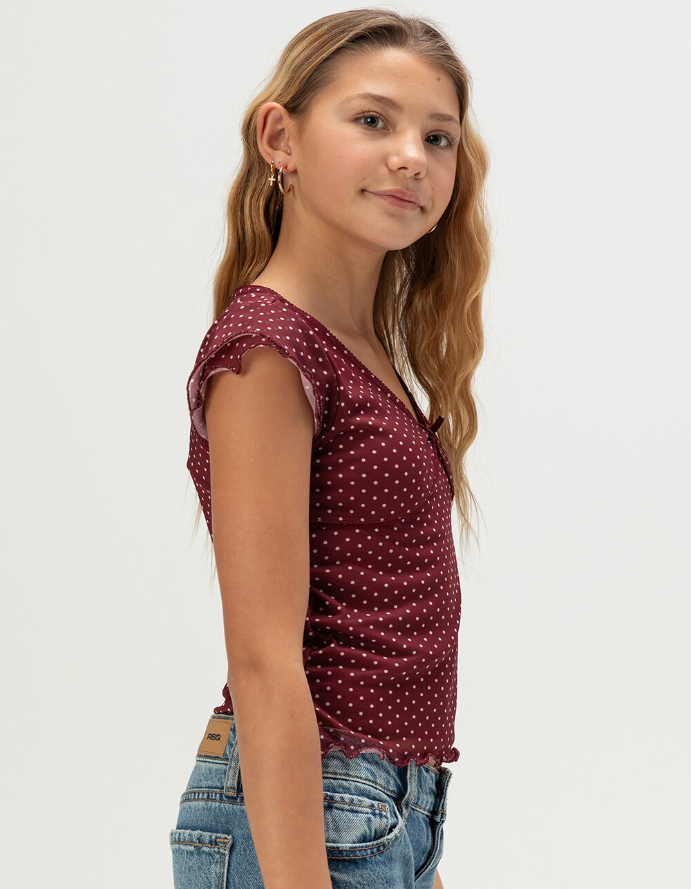 RSQ Girls Polka Dot Mesh Top - BURGUNDY | Tillys