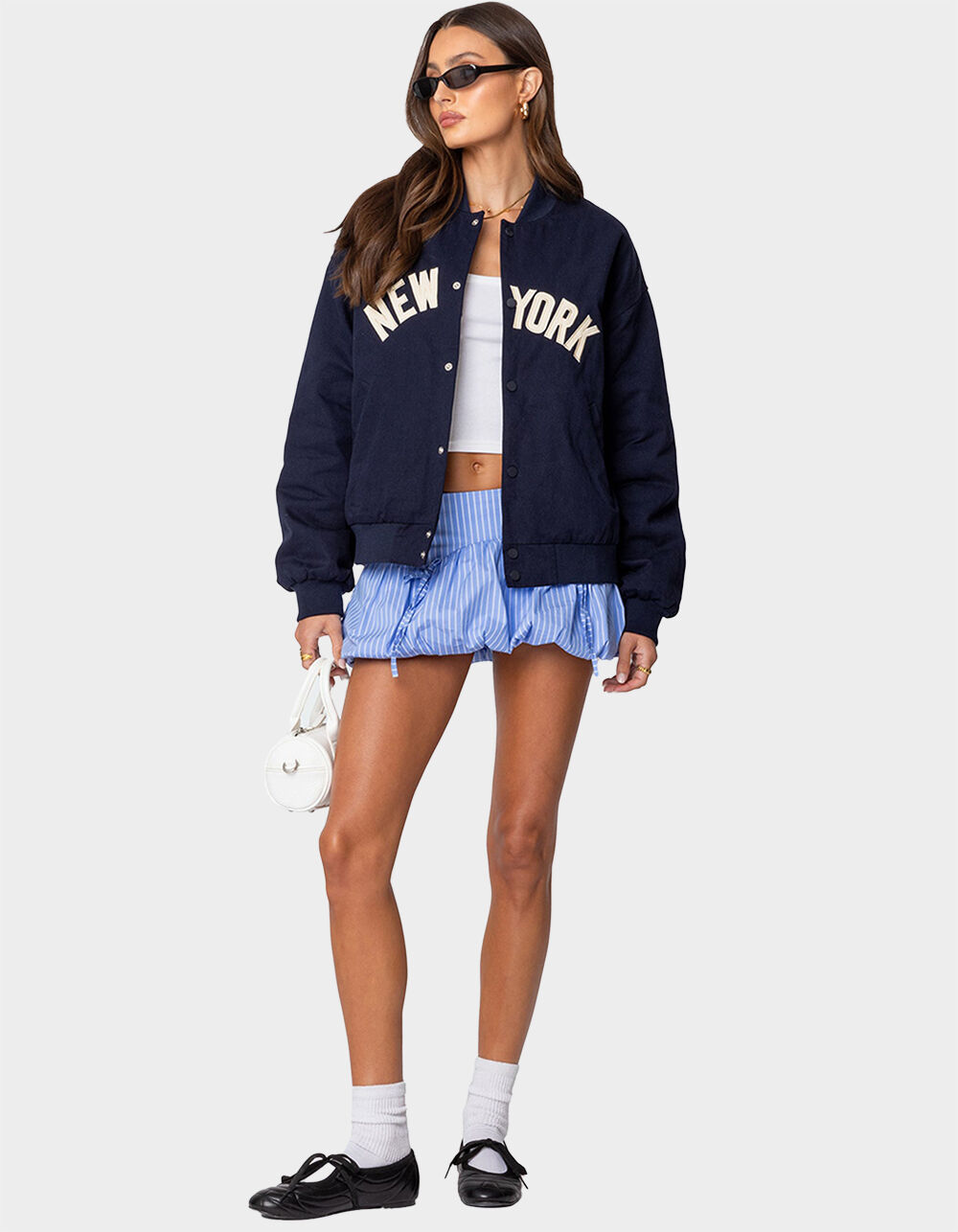 EDIKTED Big Apple Oversized Bomber Jacket - NAVY | Tillys