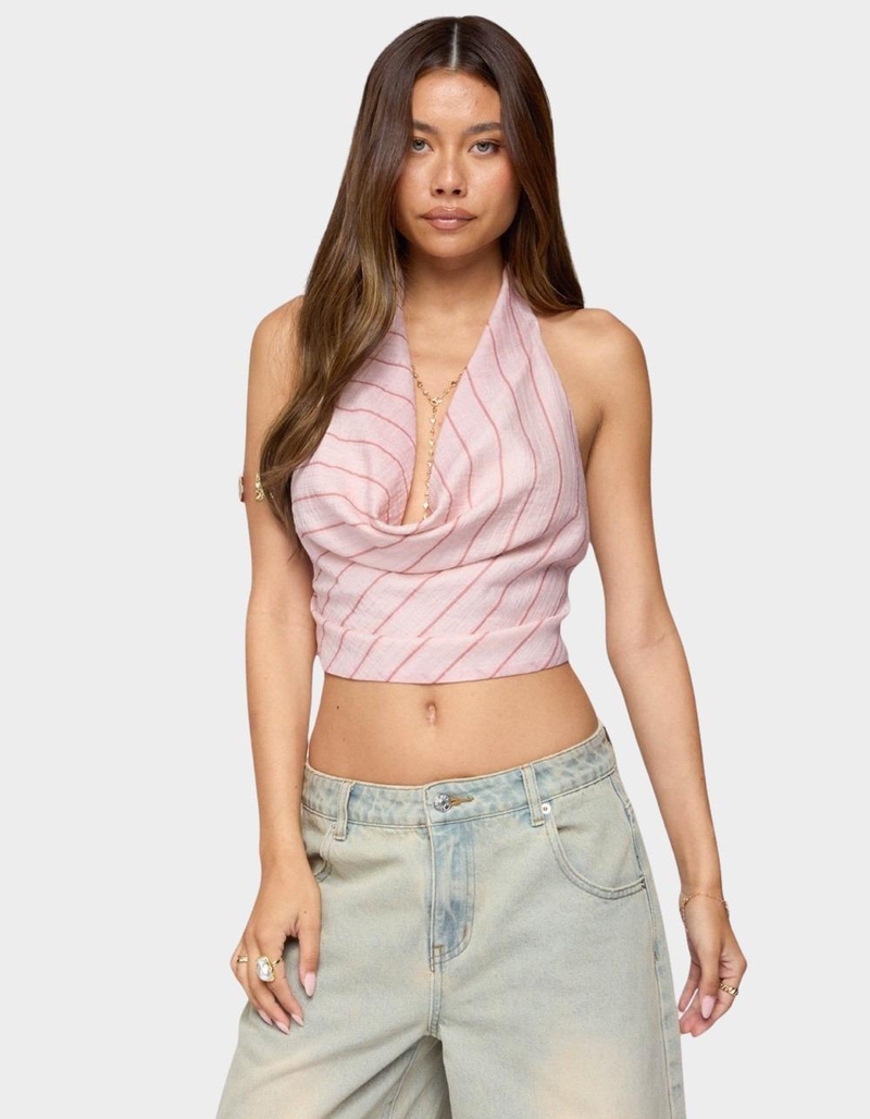 EDIKTED Stripey Metallic Cowl Neck Halter Top image number 0