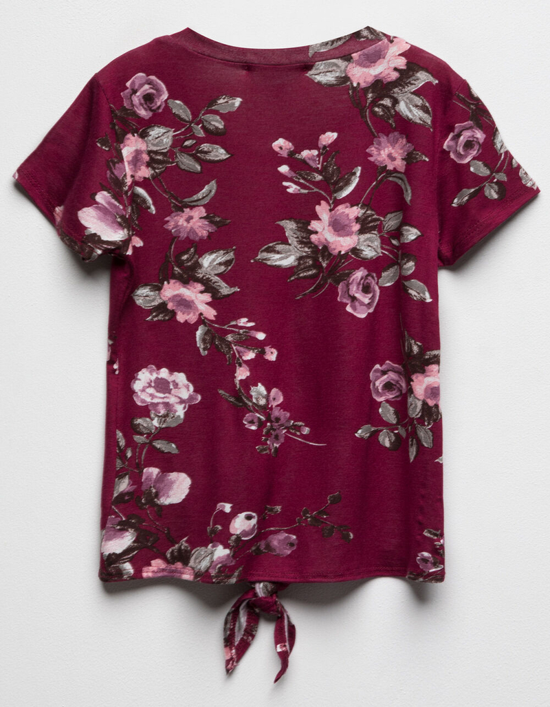WHITE FAWN Floral Tie Front Burgandy Girls Tee image number 1