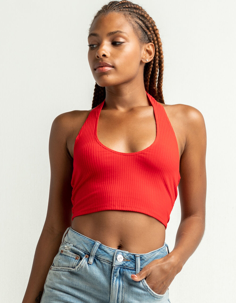 HEART & HIPS Scoop Neck Womens Red Halter Crop Top image number 0