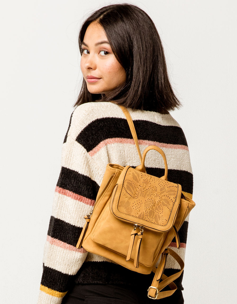 VIOLET RAY Kendall Floral Perforated Mustard Mini Backpack image number 3