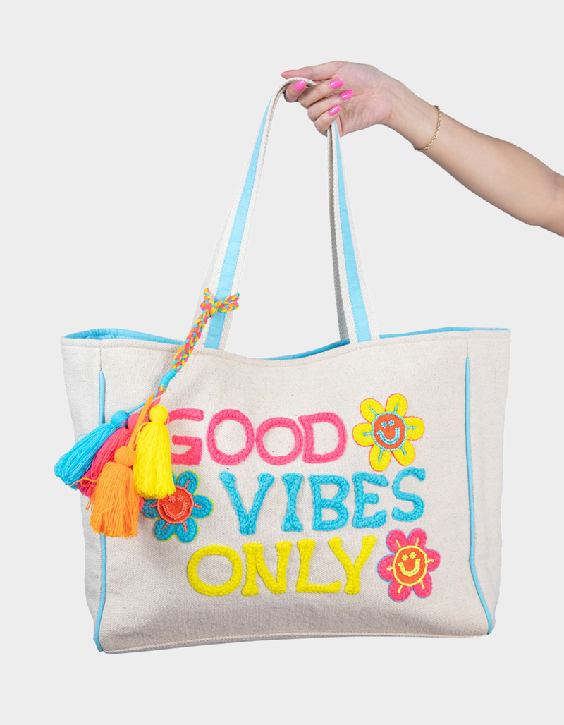 KATYDID Good Vibes Only Happy Floral Canvas Tote Bag image number 0
