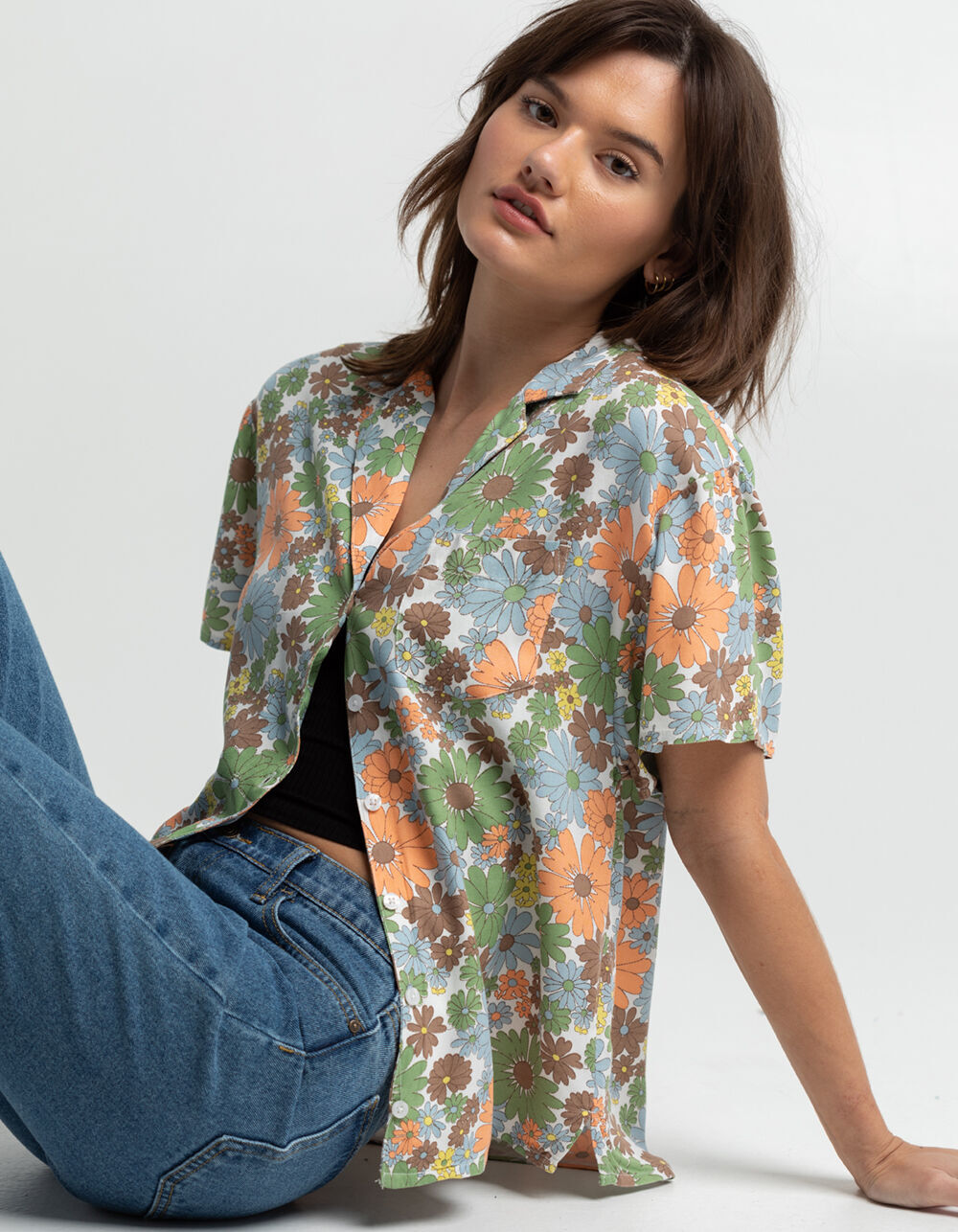 RSQ Floral Oversized Womens Camp Shirt 