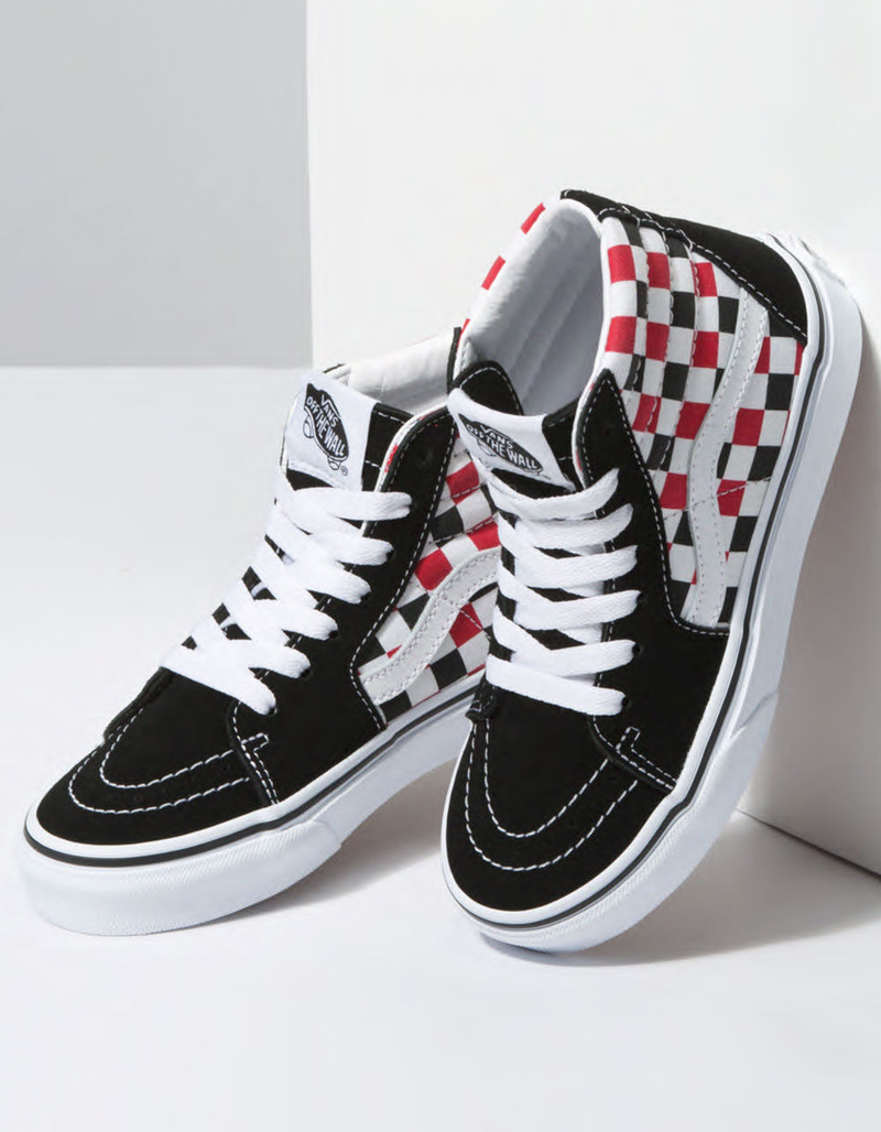 VANS Checkerboard Sk8-Hi Black & Racing Red Kids Shoes image number 2