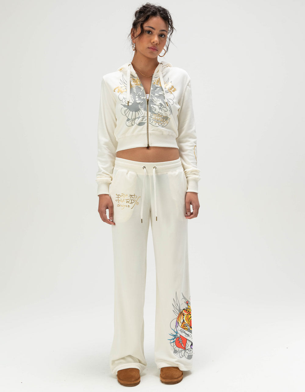 ED HARDY Tiger Crown Womens Velour Zip-Up Hoodie - IVORY - L | Tillys