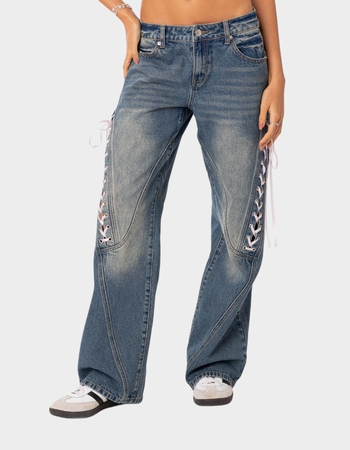 EDIKTED Low Rise Ribbon Lace Up Jeans Primary Image