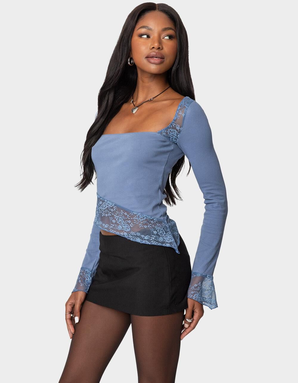 EDIKTED Lacey Asymmetric Square Neck Top - BLUE | Tillys
