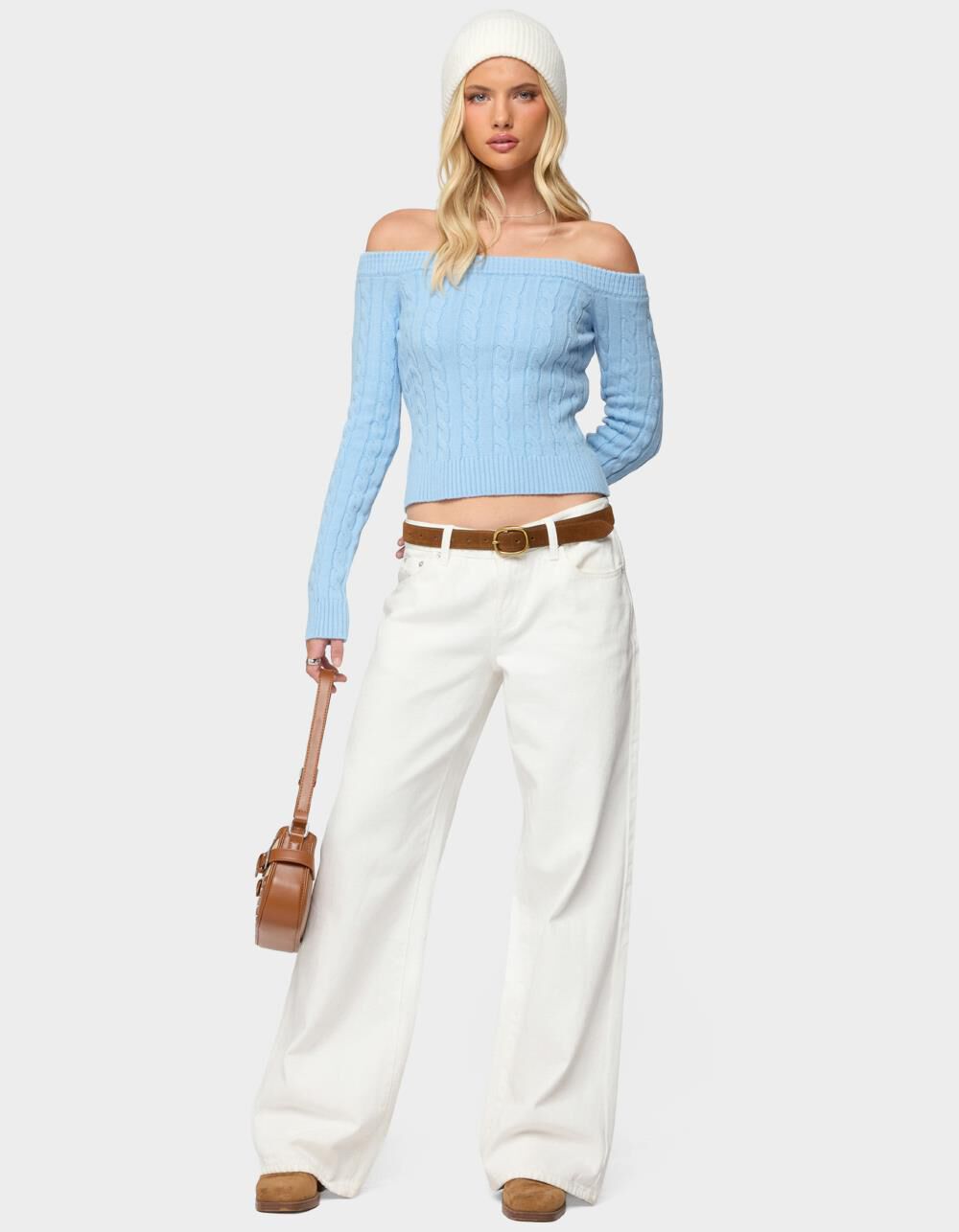 EDIKTED Taniza Off Shoulder Cable Knit Sweater - LIGHT BLUE - XS