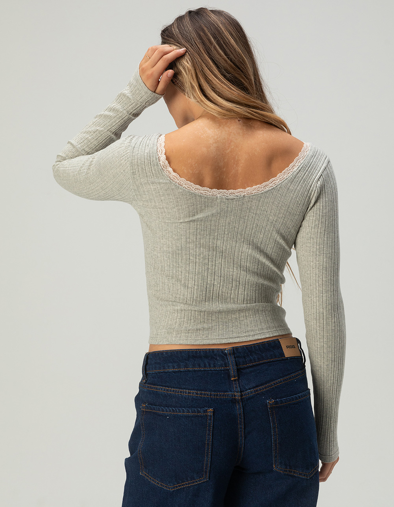 RSQ Womens Lace Trim Texture Long Sleeve Top image number 3