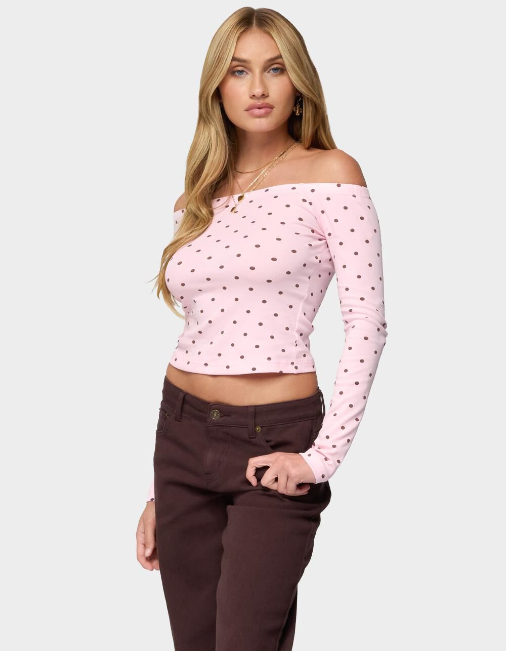 EDIKTED Leandra Off Shoulder Polka Dot Top - LIGHT PINK - M | Tillys