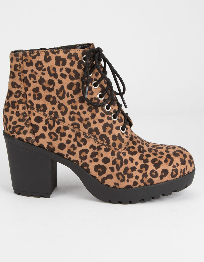 SODA Lug Sole Lace Up Leopard Womens Booties image number 1