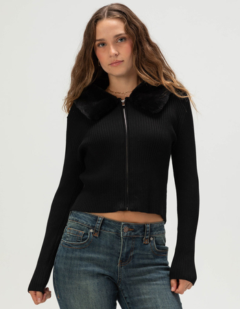 MADDEN GIRL Fur Collar Womens Zip-Up Sweater Primary Image