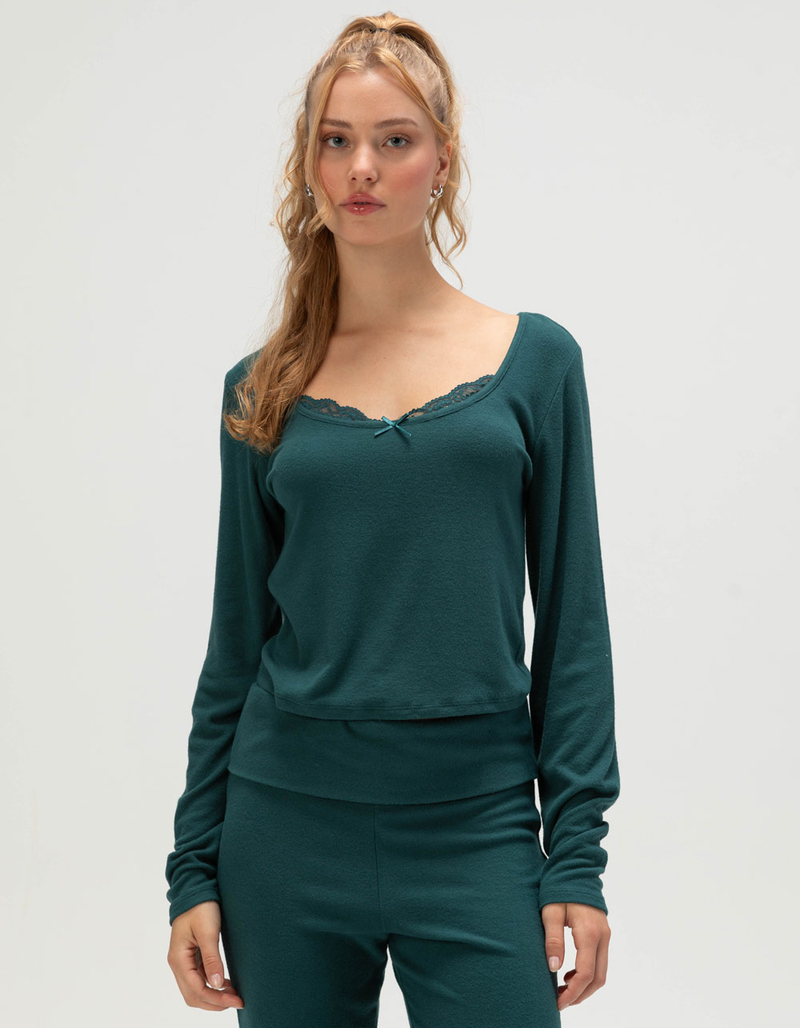 FULL TILT Brushed Lace Trim Womens Long Sleeve Top image number 4