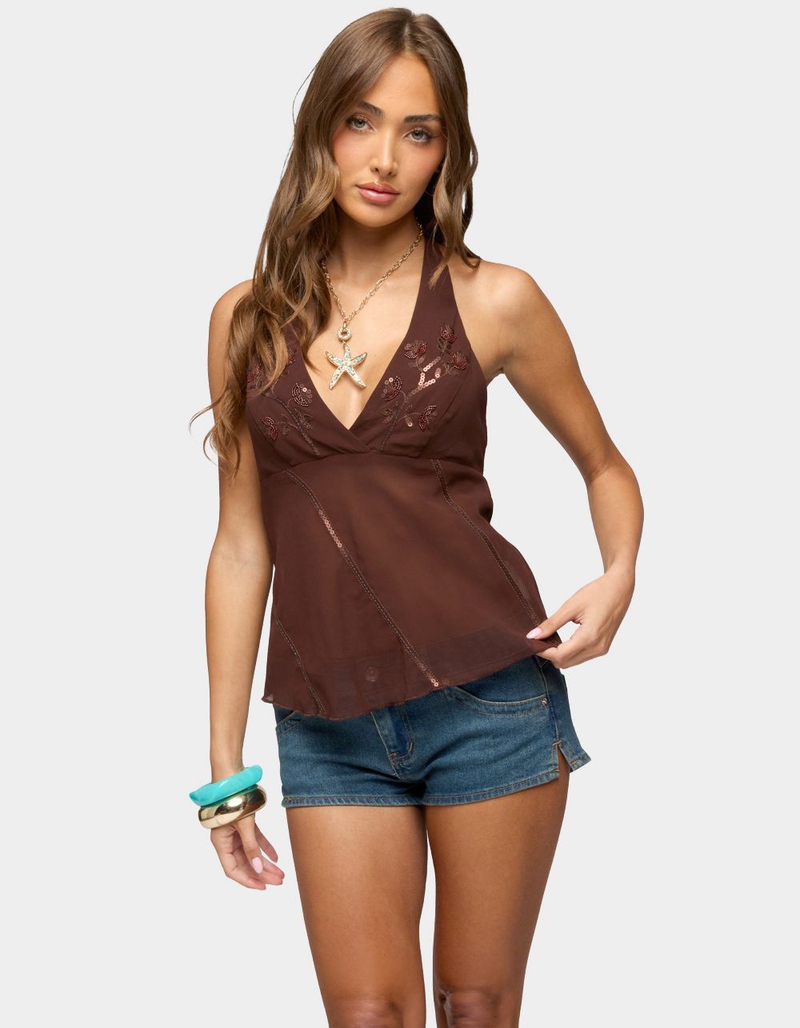 EDIKTED Lani Sequin Bead Chiffon Halter Top image number 0